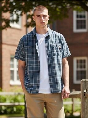 Duluth 40 Grit Men's Button Up Short Sleeve Work Shirt XXL Tartan Plaid Blue